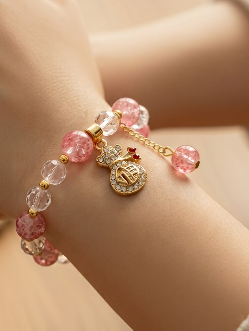 Pink Feng Shui Wealth Bracelet Lucky Money Bag Charm Crystal Beads